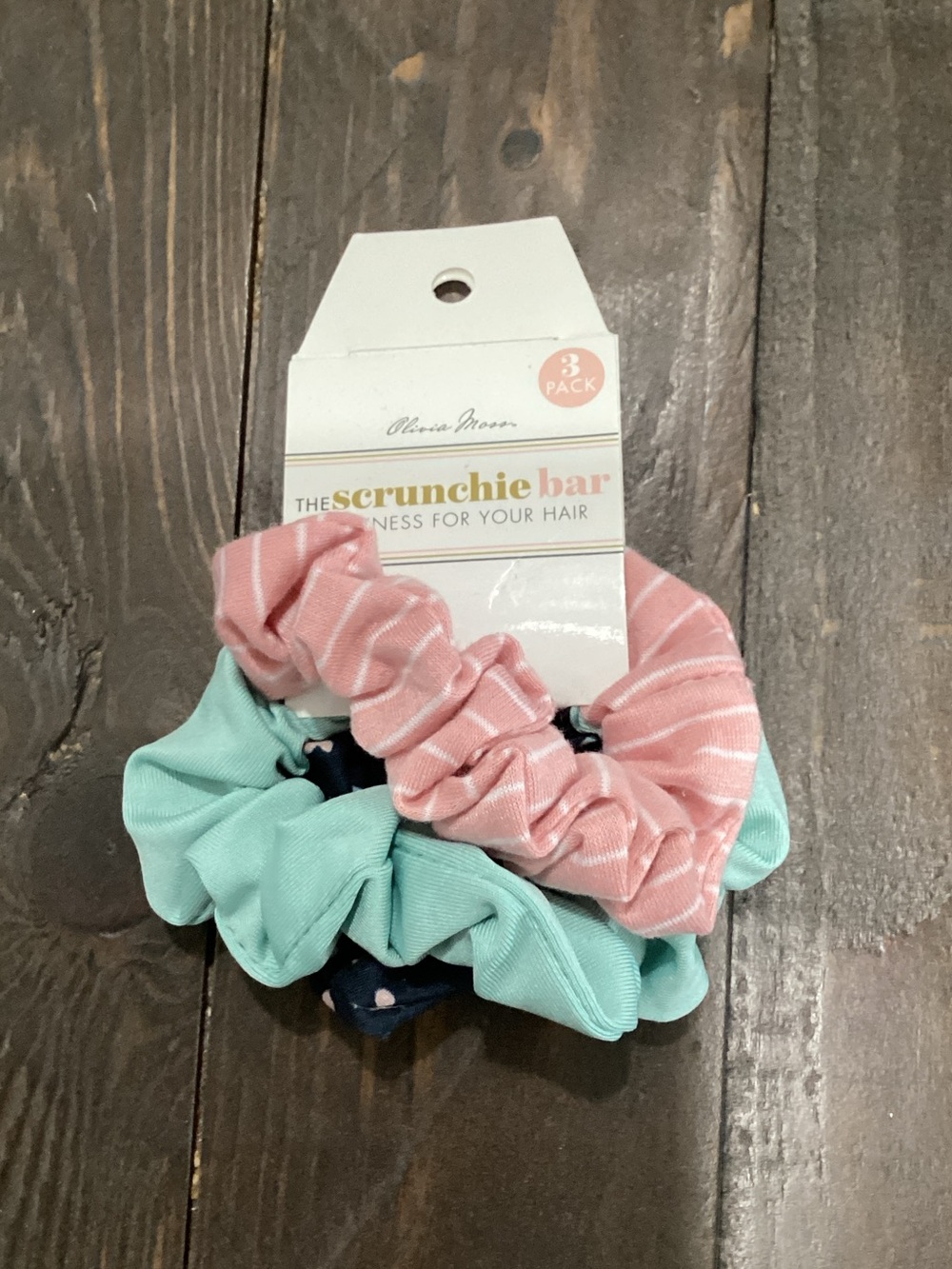 Olivia Moon‎ 3-Pack Pink Stripe, Mint & Navy Heart Scrunchies